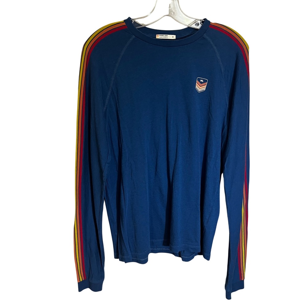 Marine Layer Archive Blue Long Sleeve Raglan Tee Striped Sleeve Patch Logo Sz M
